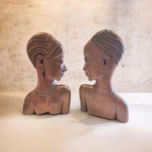 Mid Century Modern Hagenauer Style Wood Sculpted Tribal African Heads Book Ends